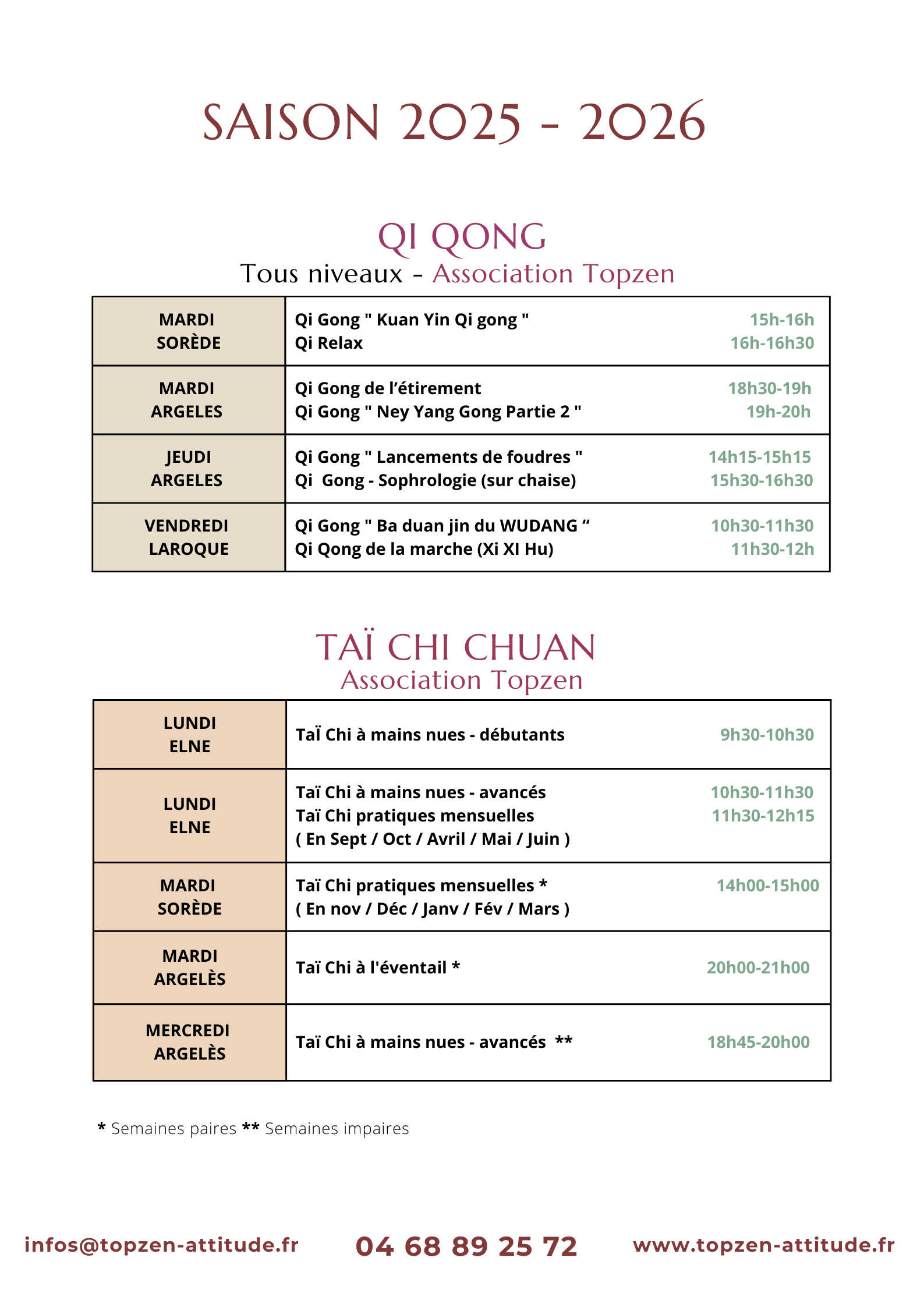 Planning cours, horaires taichi, horaires qi gong