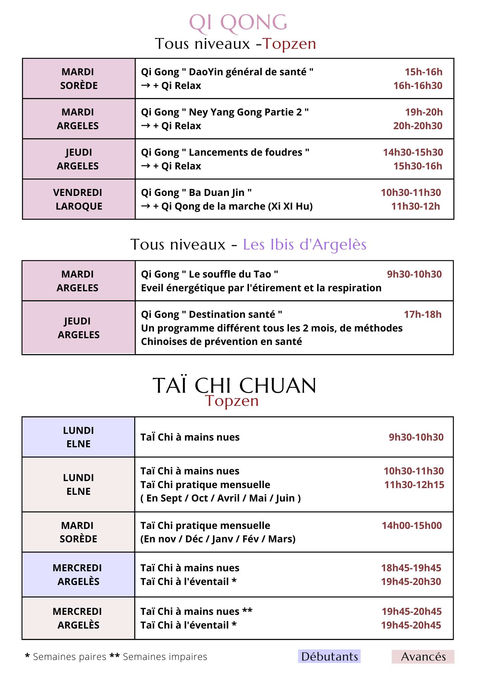Planning cours, horaires taichi, horaires qi gong