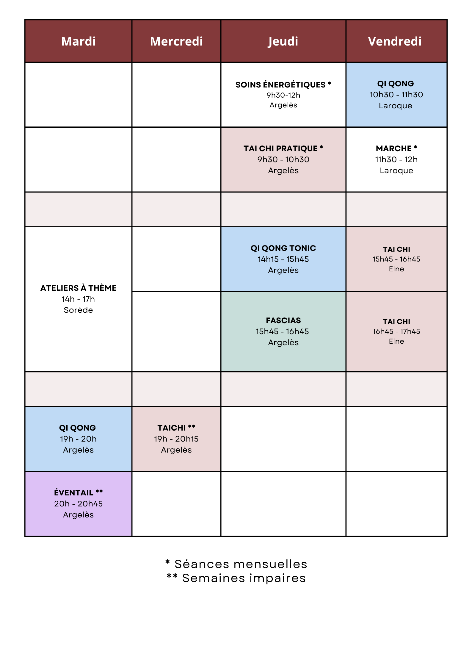 Planning cours, horaires taichi, horaires qi gong